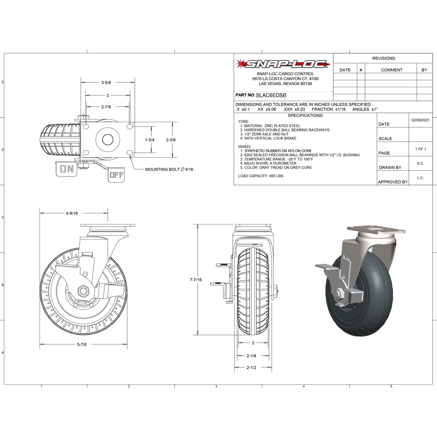 Snap-Loc 181,44 kg 6'Extreme-Duty Synthetic Rubber Caster