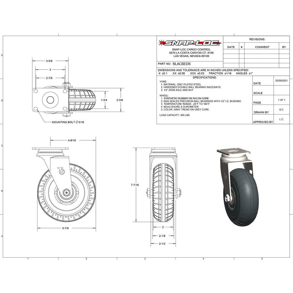 Snap-Loc 181,44 kg 6'Extreme-Duty Synthetic Rubber Caster