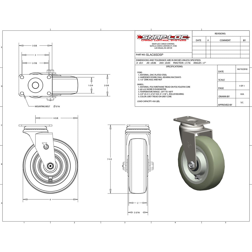 Snap-Loc 204,12 kg 6' Super-Duty Polyurethan Caster
