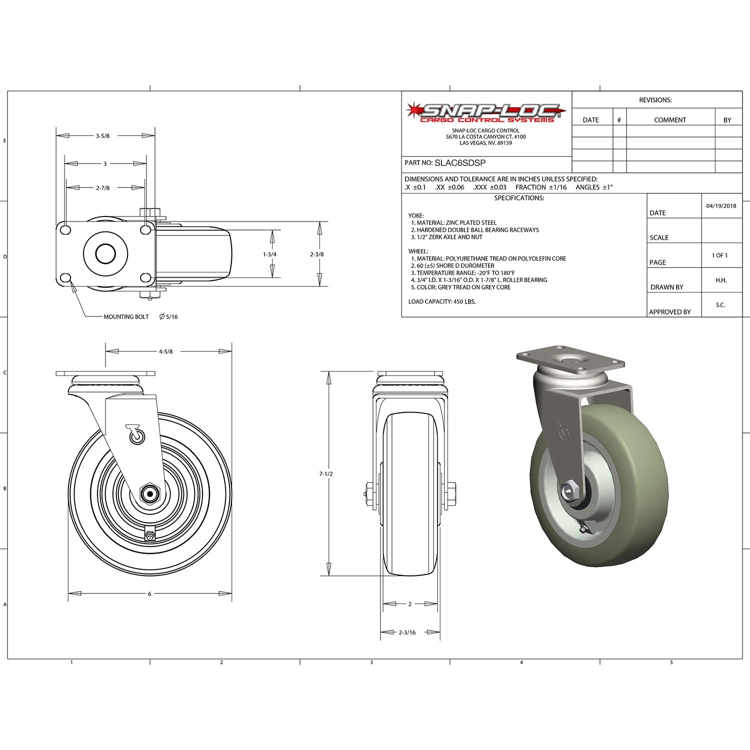 Snap-Loc 204,12 kg 6' Super-Duty Polyurethan Caster