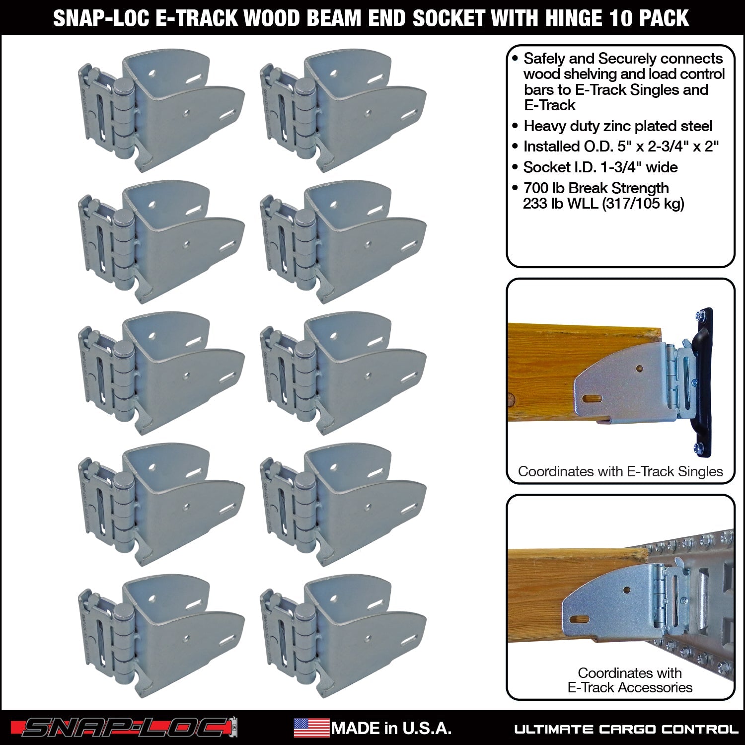 Snap-Loc E-Track Wood Beam End Socket mit Scharnier - Cargo Shoring