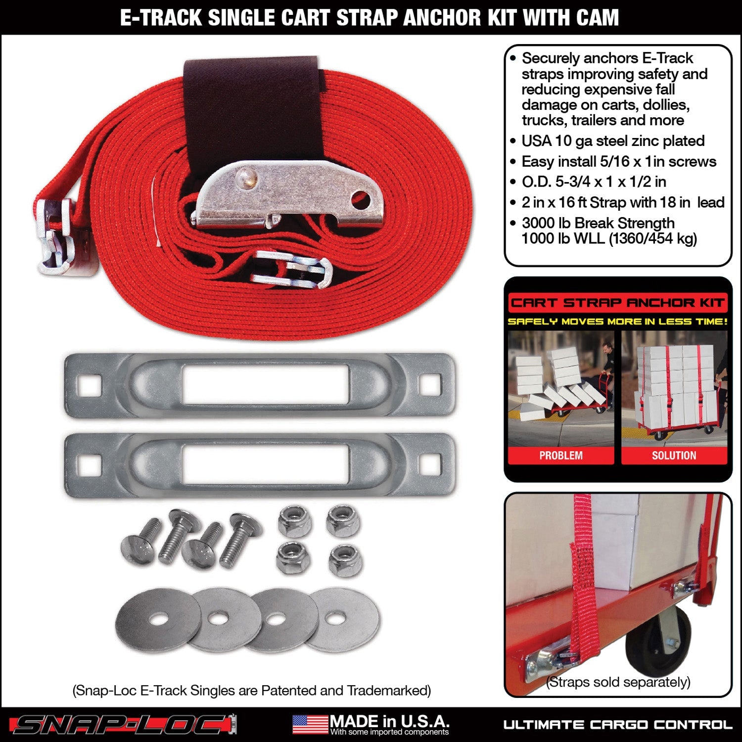 Snap-Loc E-Track Single Cart Strap Anchor Kit - 2 'x 16' Cam Strap, 1,36 kg