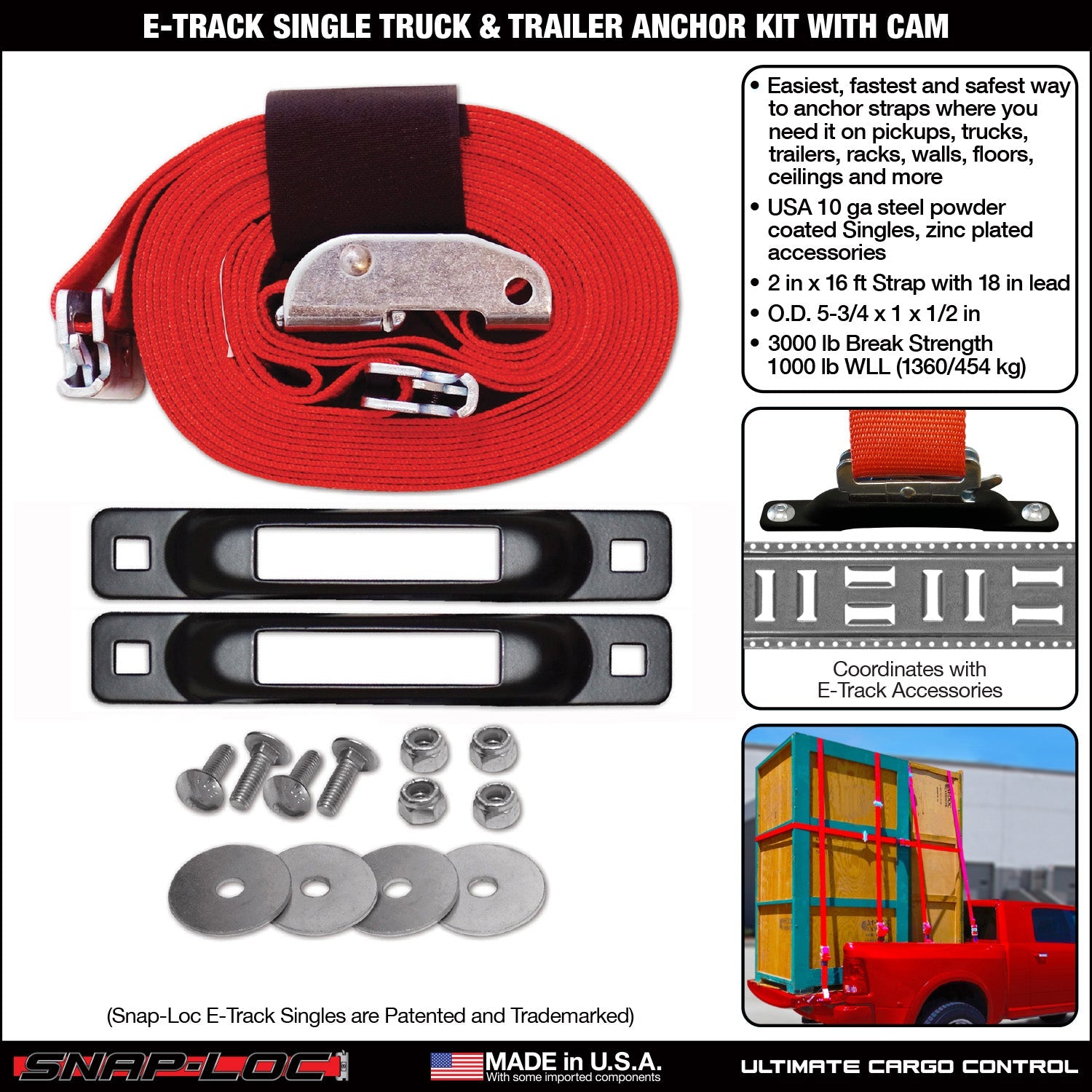 Snap-Loc E-Track Single Truck & Trailer Anker Kit - 2 'x 16' Cam Strap, 1,36 kg