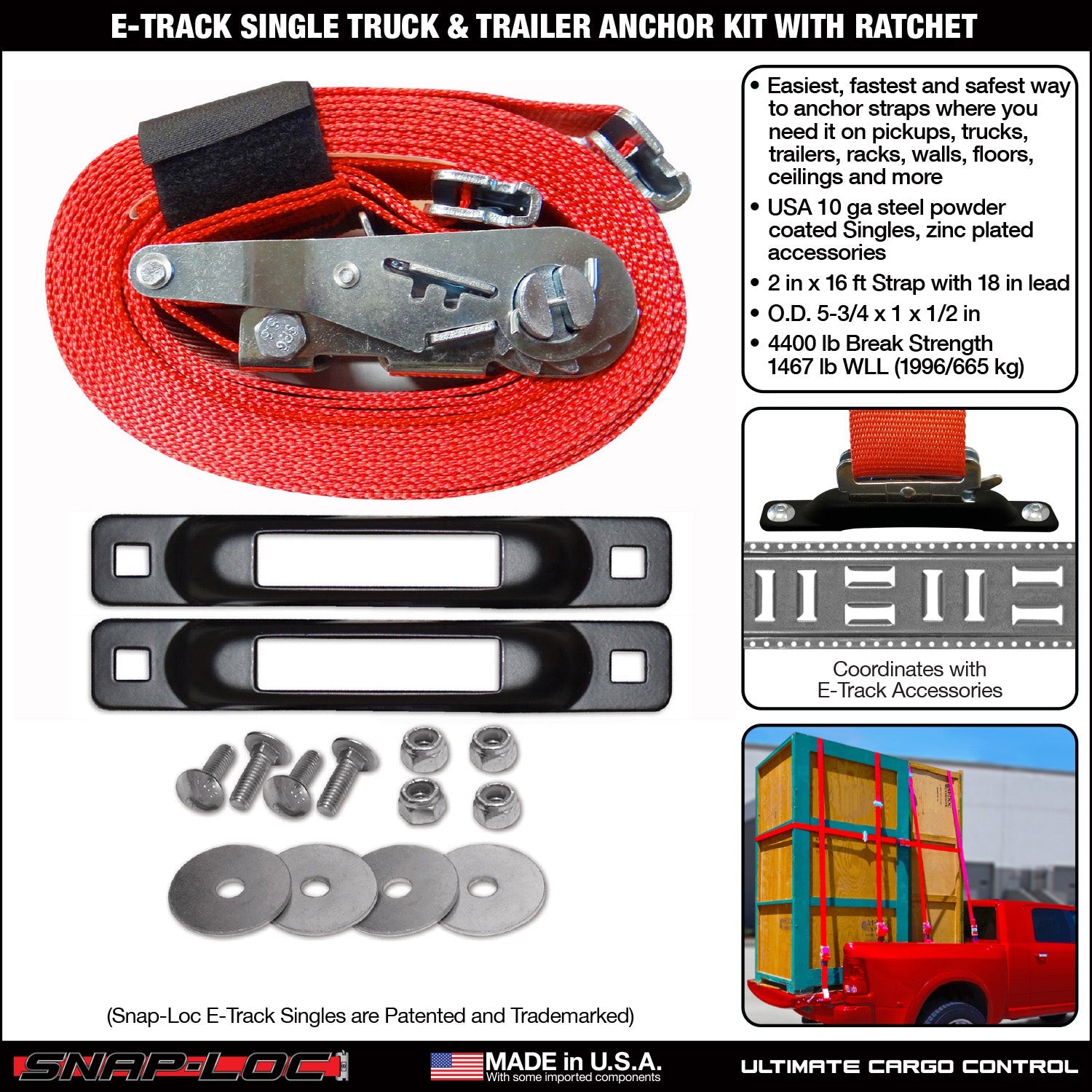 Snap-Loc E-Track Single Truck & Trailer Anker Kit - 2 'x 16' Ratchet Strap, 2 kg
