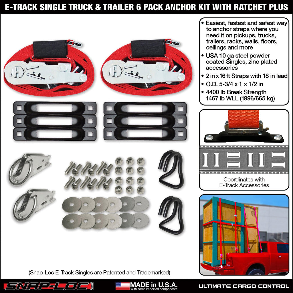 SNAP-LOC E-Track Single Truck Trailer 6er-Packung Tie-Down Anker Kit mit 2 'x 16' ft Ratchet Straps 2 kg Plus Rings Hooks
