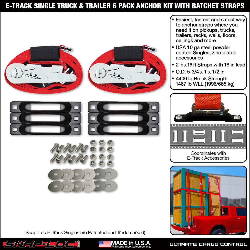 Snap-Loc E-Track Single Truck & Trailer Anker Kit - 6er-Packung mit 2 'x 16' Ratchet Straps, 2 kg