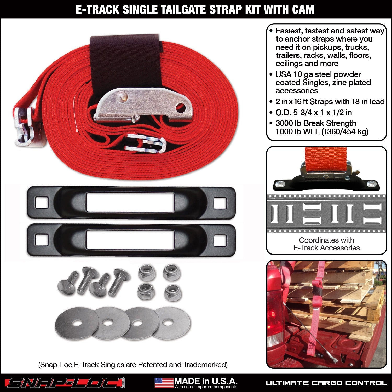 Snap-Loc E-Track Single Tailgate Strap Anchor Kit - 2 'x 16' Cam Strap, 1,36 kg