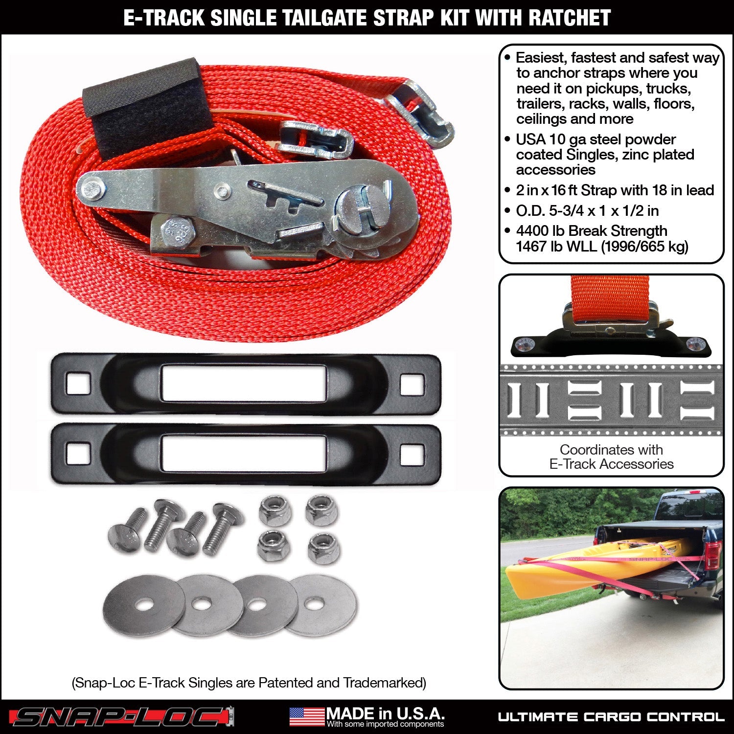 Snap-Loc E-Track Single Tailgate Strap Anchor Kit - 2 'x 16' Ratchet Strap, 2 kg