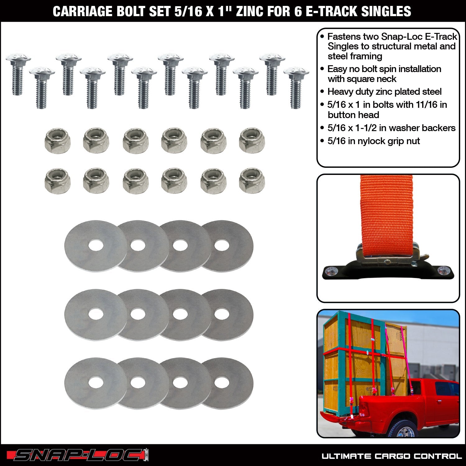Carriage Bolt Set 5/16 x 2,5 cm Zink, Verschraubt 6 Snap-Loc E-Track Singles