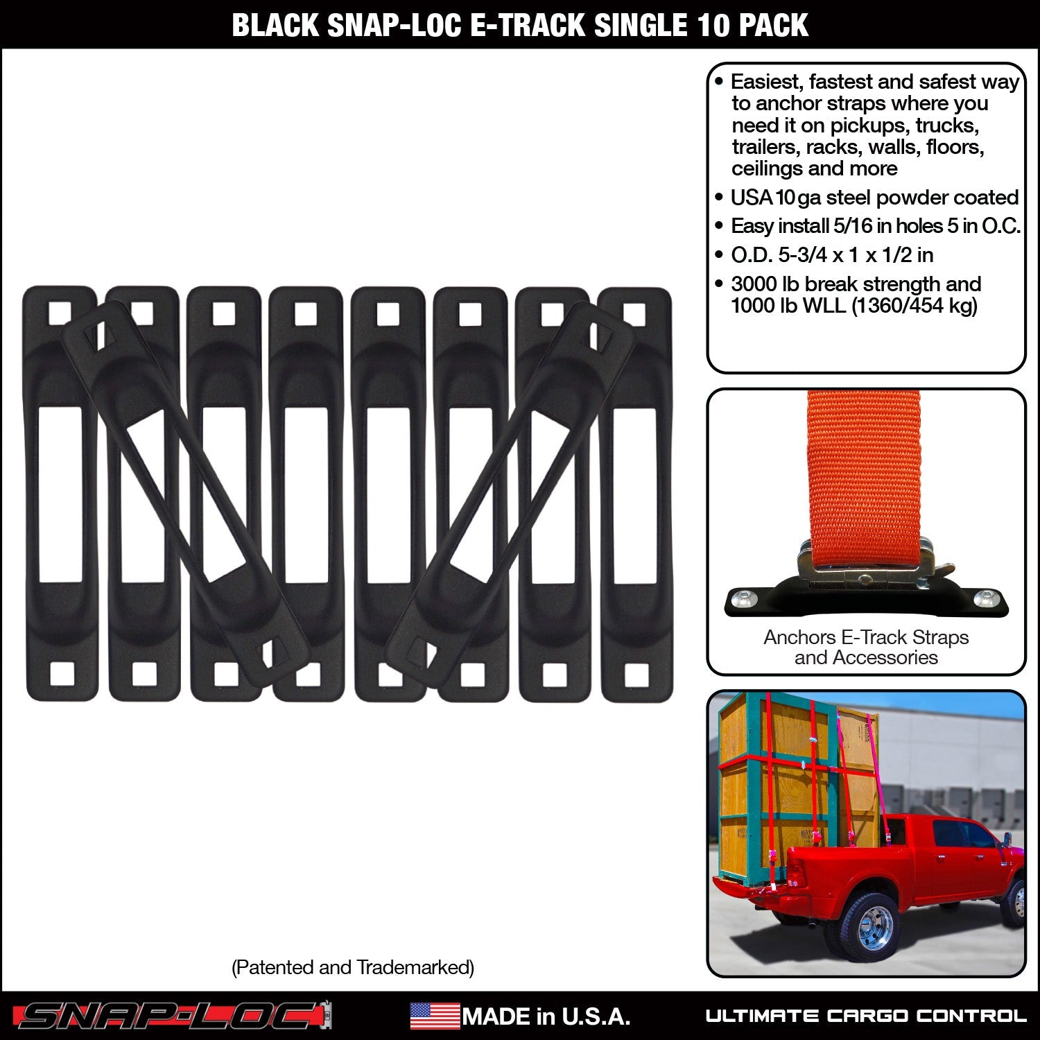 Snap-Loc E-Track Single Tie-Down Ankerpunkte – Schwarz 10er-Packung