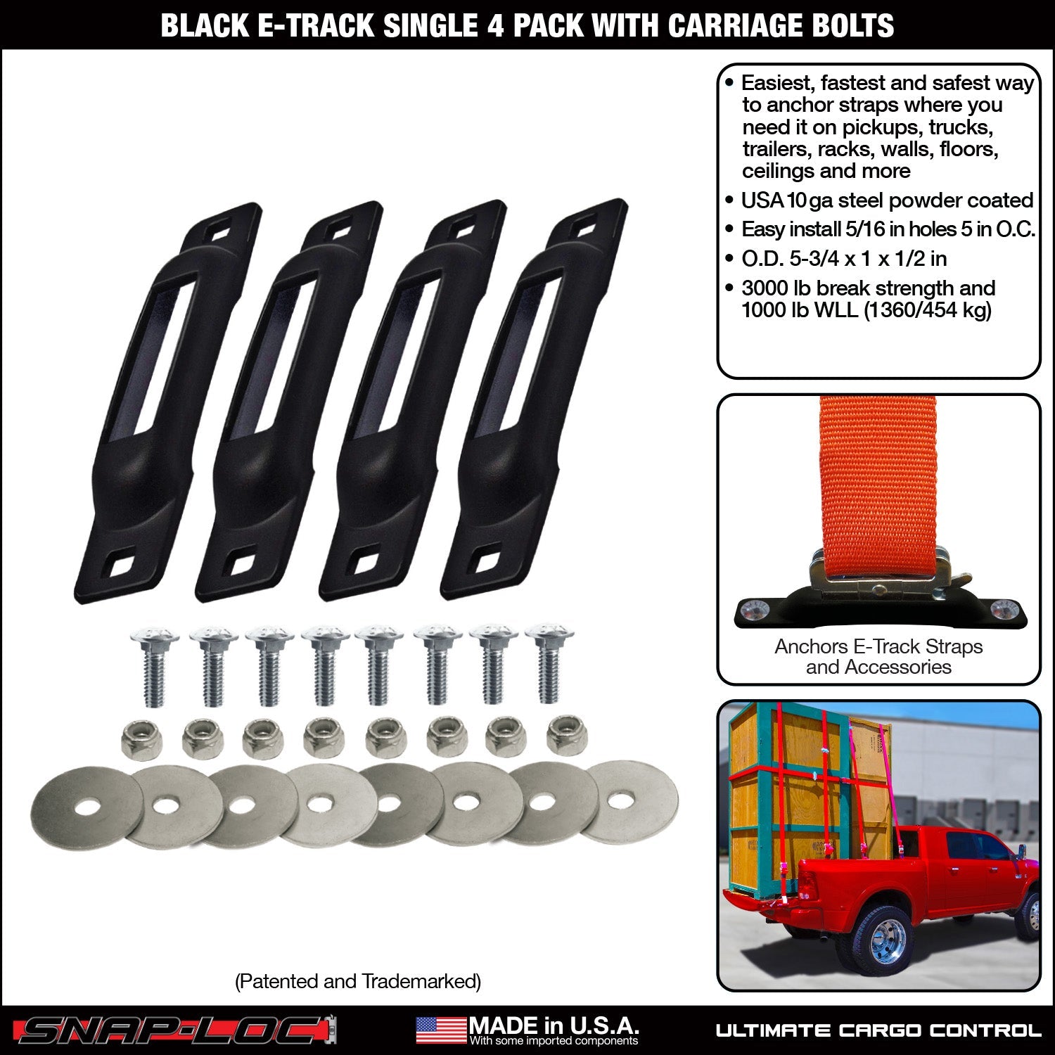 Snap-Loc E-Track Single Tie-Down Ankerpunkte – Schwarzes 4er-Packung mit Trageschrauben