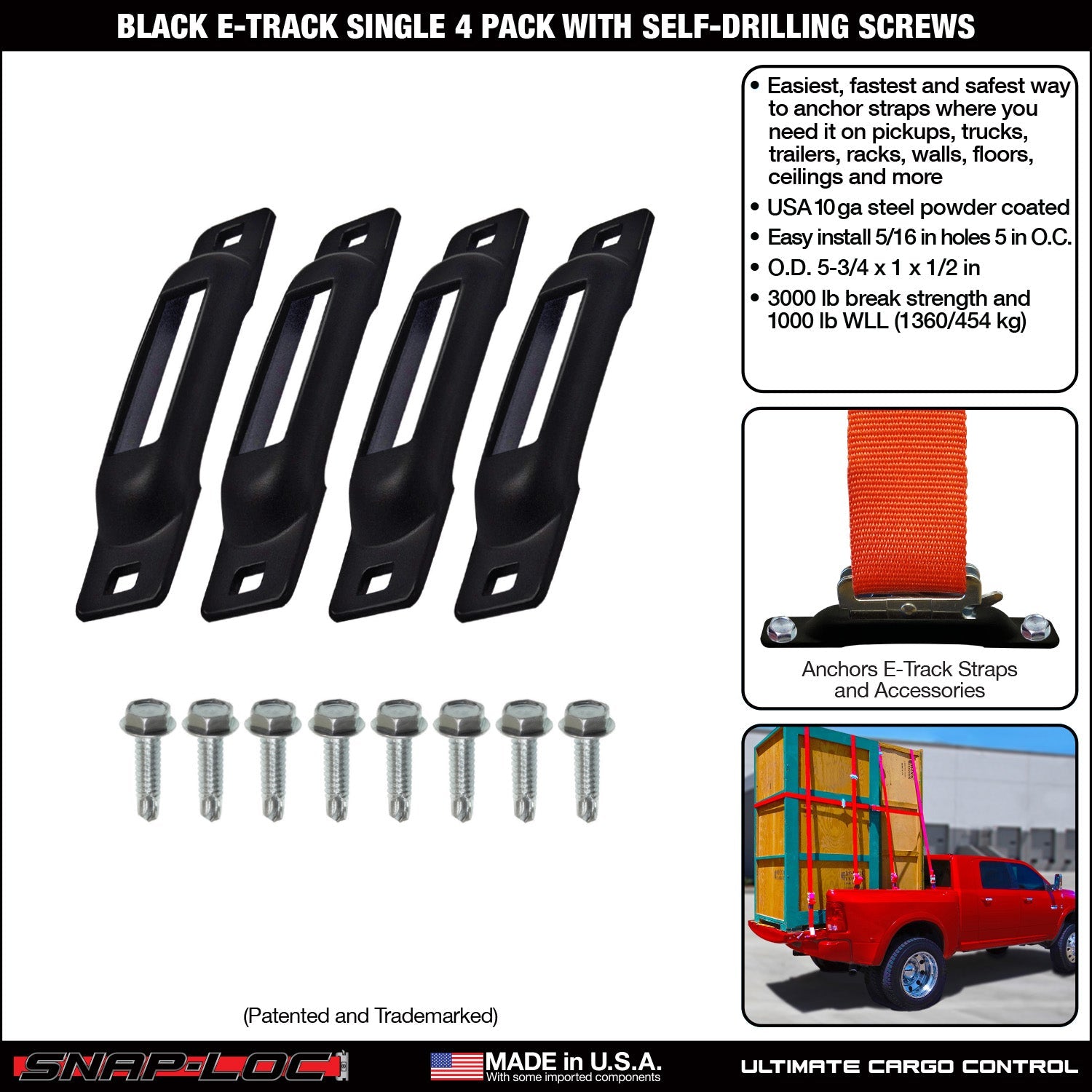 Snap-Loc E-Track Single Tie-Down Ankerpunkte – Schwarzes 4er-Packung mit selbstbohrenden Schrauben