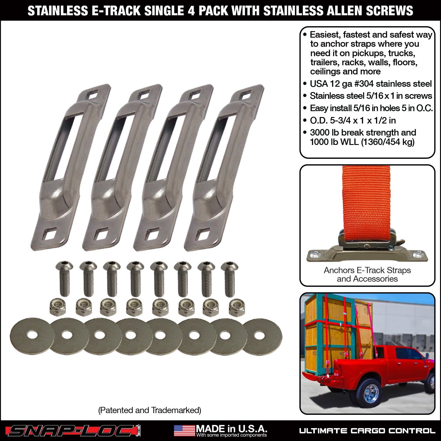 Snap-Loc E-Track Single Tie-Down Ankerpunkte – Edelstahl 4er-Packung mit Allen Schrauben
