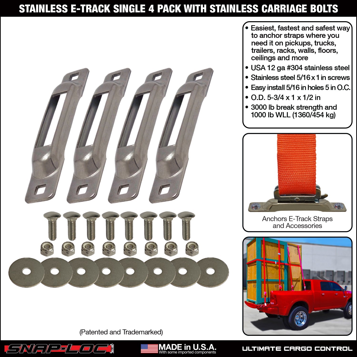 Snap-Loc E-Track Single Tie-Down Ankerpunkte – Edelstahl 4er-Packung mit Trageschrauben