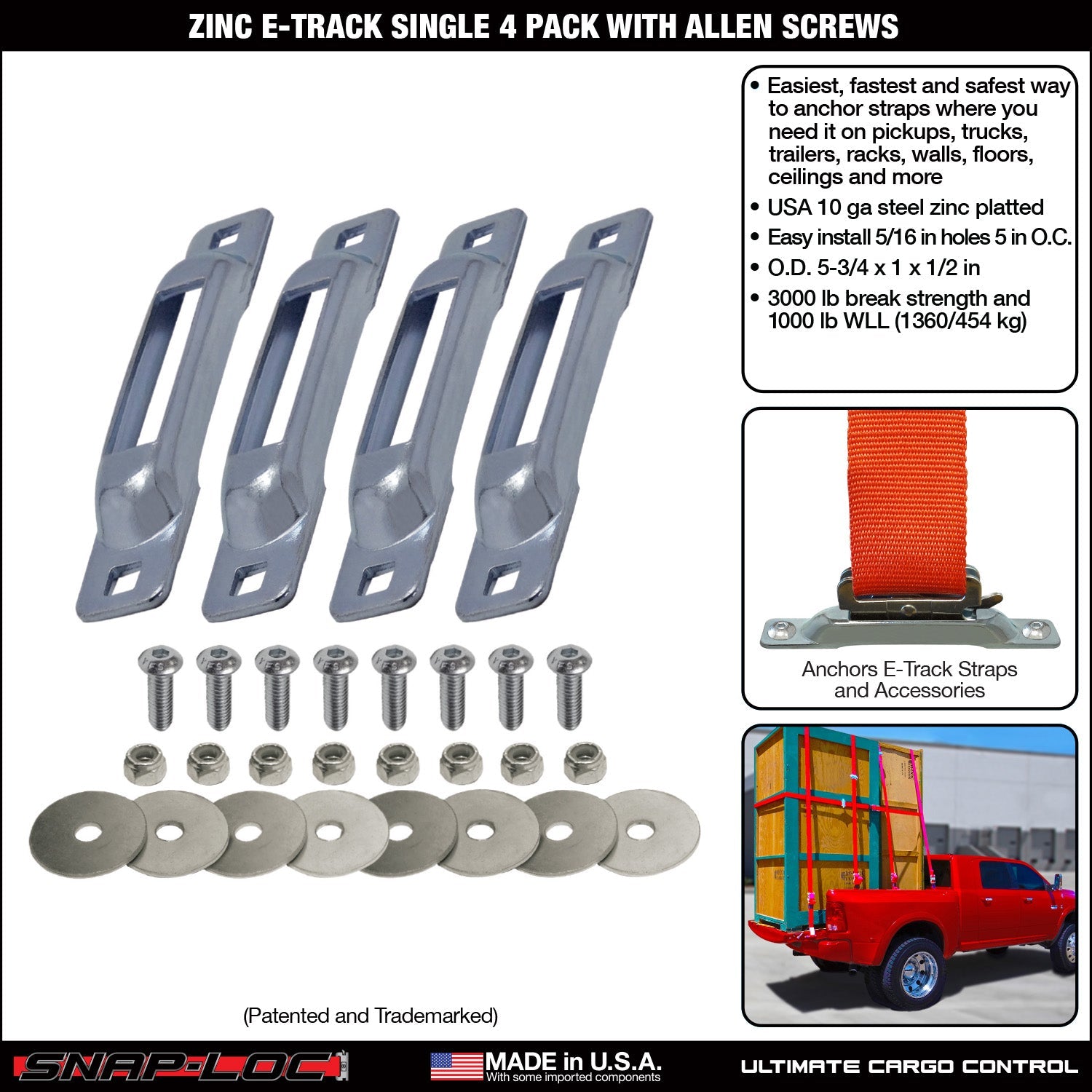 Snap-Loc E-Track Single Tie-Down Ankerpunkte – Zink-Plattiert 4er-Packung mit Allen Schrauben