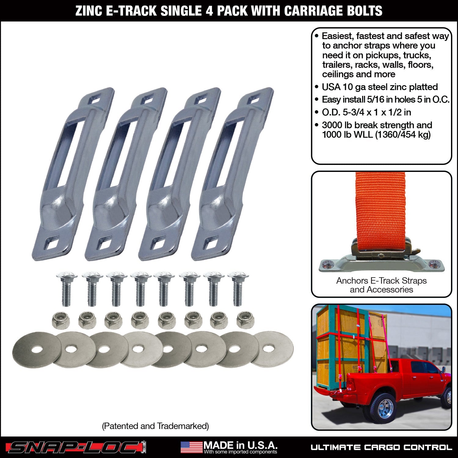 Snap-Loc E-Track Single Tie-Down Ankerpunkte – Zink-Plattiert 4er-Packung mit Tragebolzen