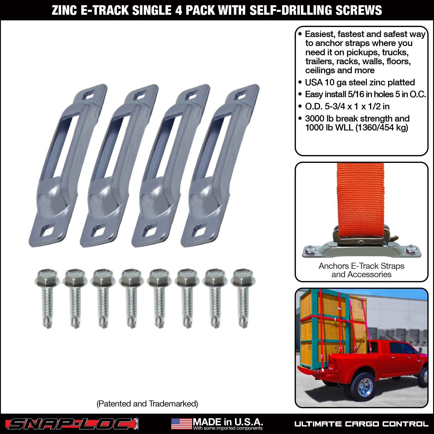 Snap-Loc E-Track Single Tie-Down Ankerpunkte – Zink-Plattiert 4er-Packung mit selbstbohrenden Schrauben