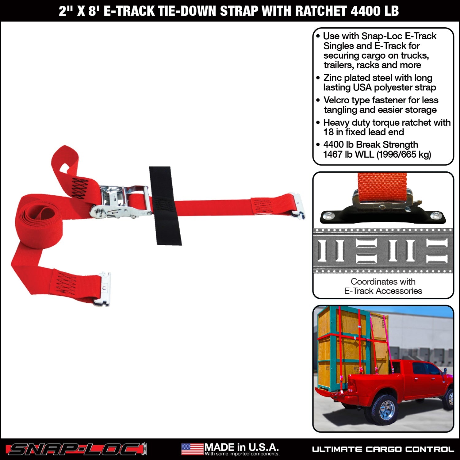 Snap-Loc 2 in x (8-20) ft E-Track Ratchet Strap - Cargo Control - 2 kg
