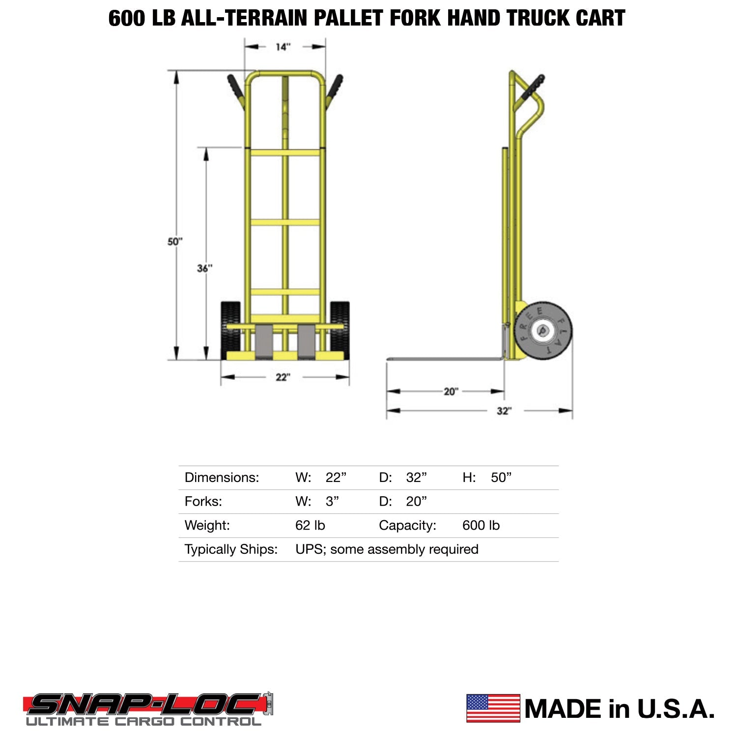 All-Terrain Hand Truck – 272,16 kg Kapazität mit verstellbaren Palettengabeln und 10 'Flat-KOSTENLOS-Reifen