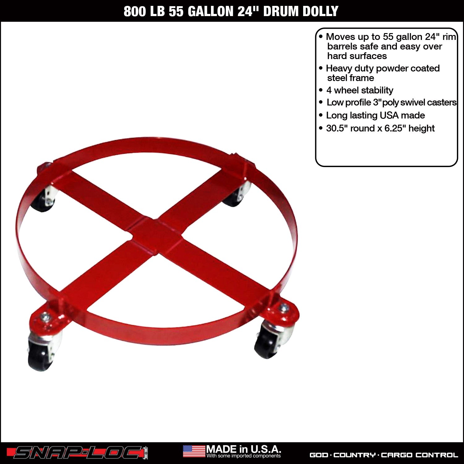 Stahltrommel Dolly - 362,87 kg Kapazität für 55 Gallonentrommeln (24' Durchmesser)