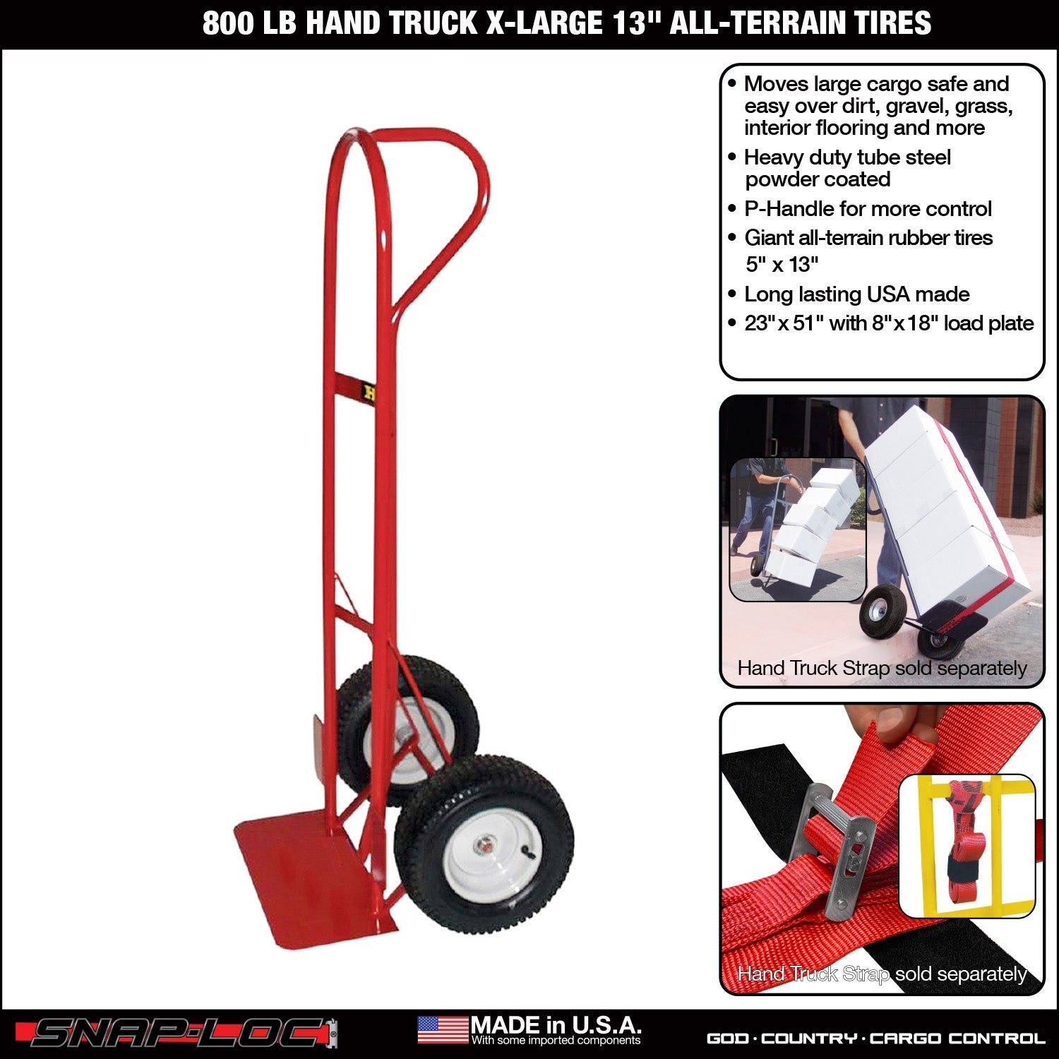 Steel Hand Truck – 362,87 kg Kapazität mit 13' All-Terrain Reifen (Rot)