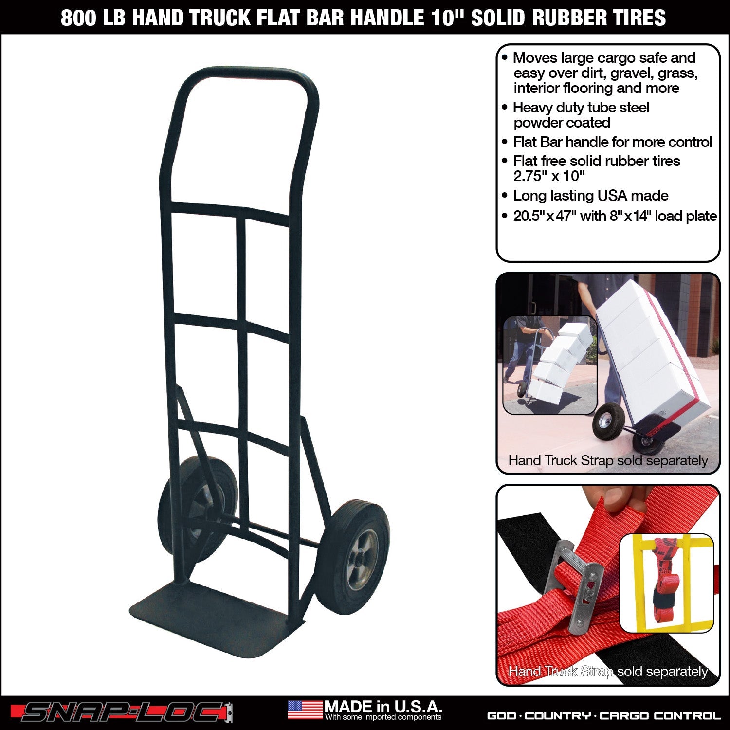 Steel Hand Truck – 362,87 kg Kapazität mit Flat Bar Handle und 10' Solid Rubber Tires (Schwarz)