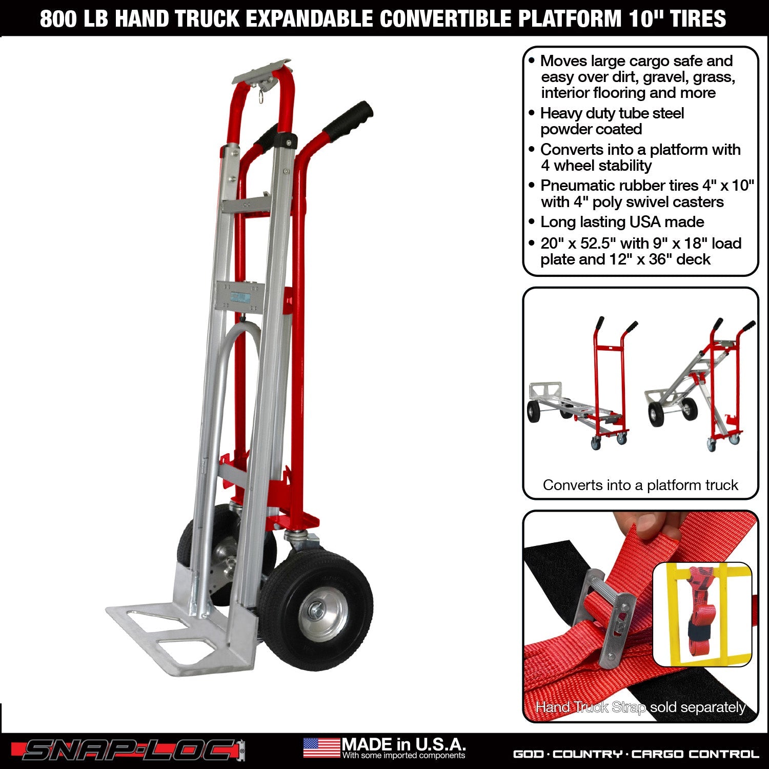 Hand-Truck aus Stahl – 362,87 kg Kapazität mit erweiterbarer Plattform und 10' Reifen (Rot)