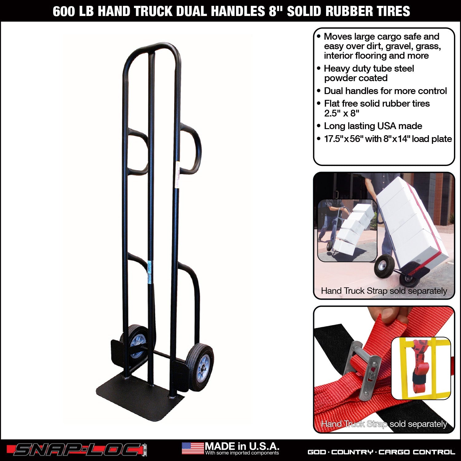 Steel Hand Truck – 272,16 kg Kapazität mit Dual Handles und 8' Solid Rubber Reifen (Schwarz)