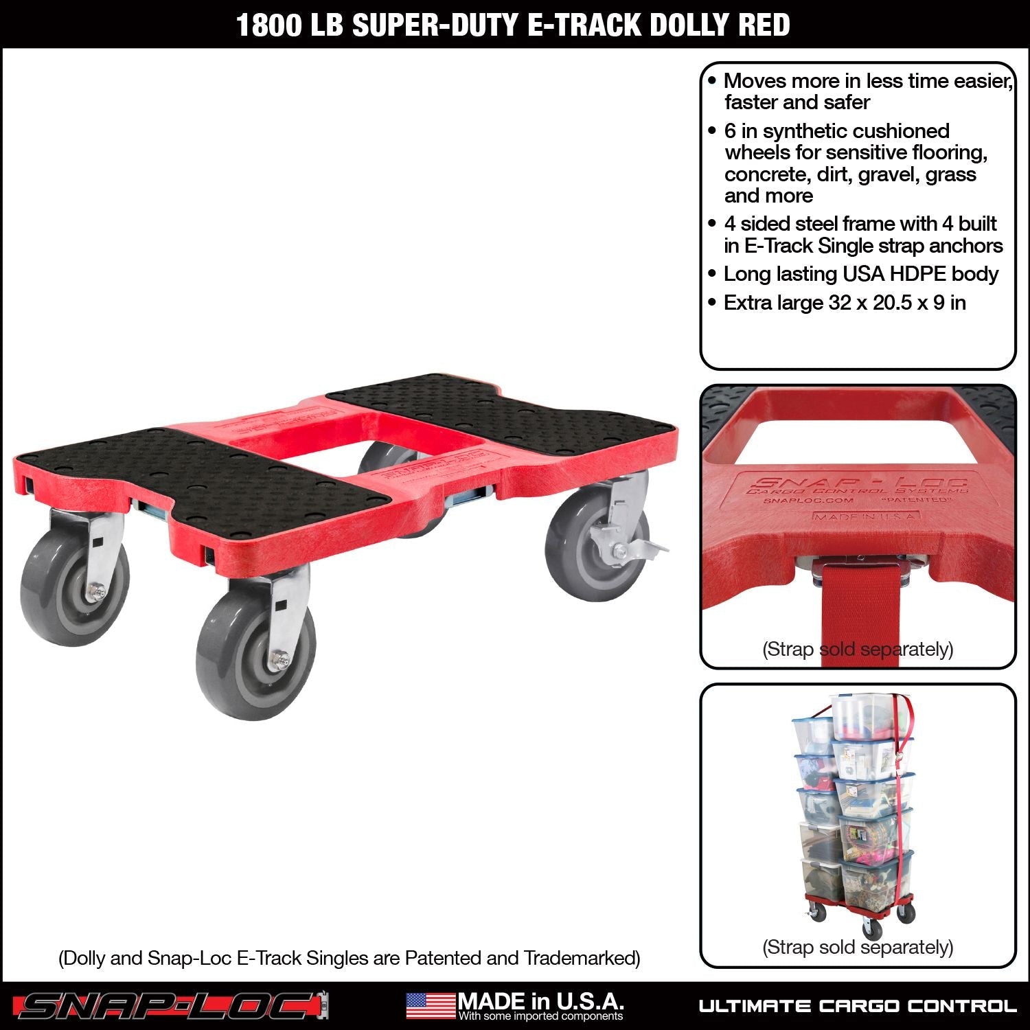 Snap-Loc E-Track Dolly - Super-Duty, 0,82 kg Kapazität mit 6' Polyurethan-Schwenkrollen - Rot