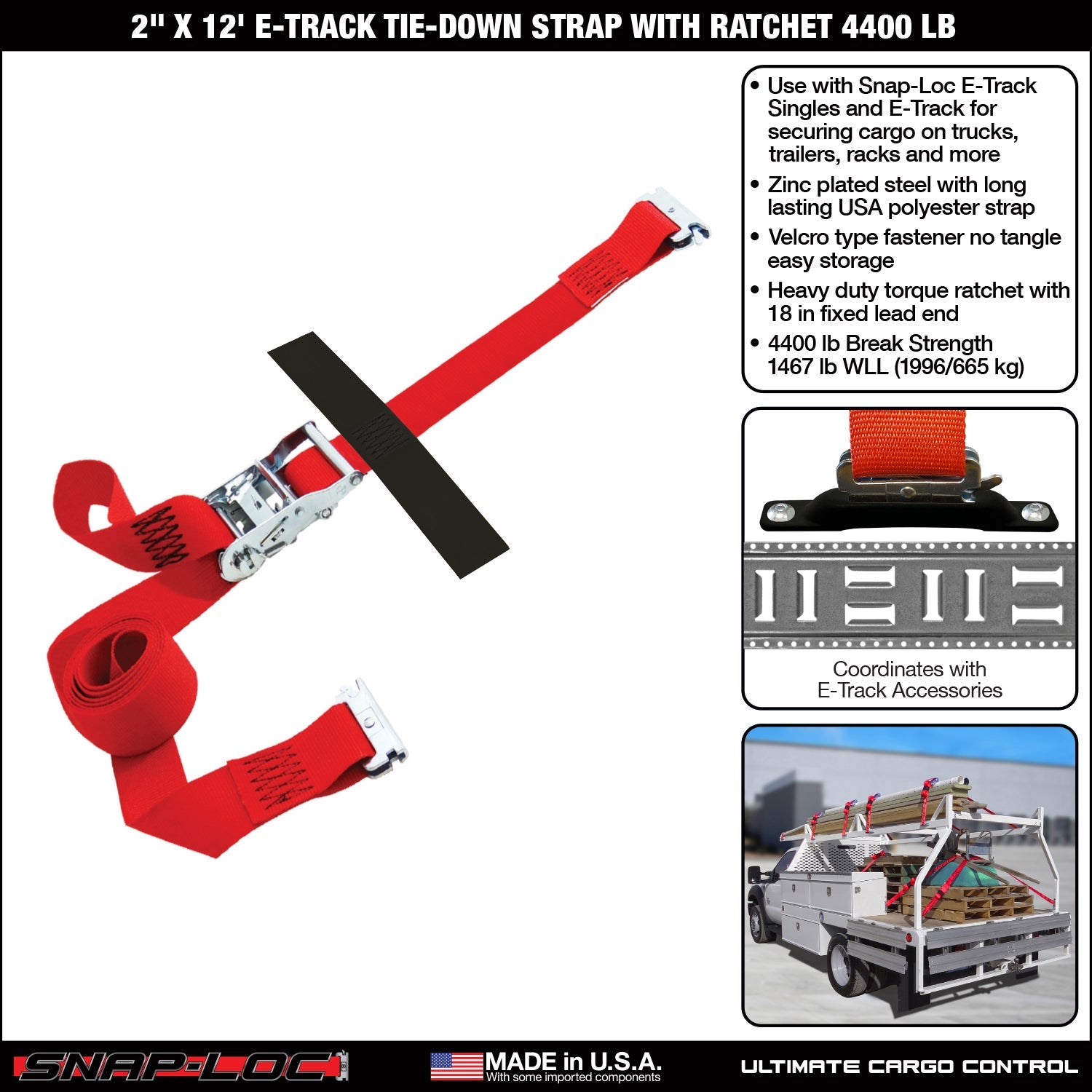 Snap-Loc 2 in x (8-20) ft E-Track Ratchet Strap - Cargo Control - 2 kg