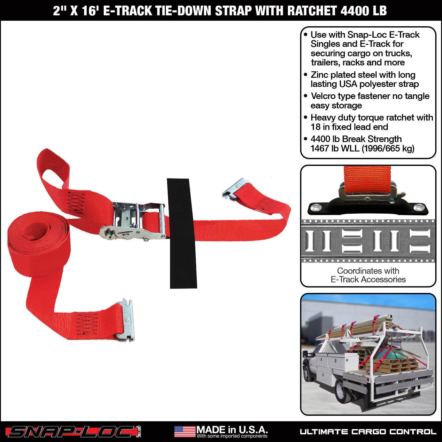 Snap-Loc 2 in x (8-20) ft E-Track Ratchet Strap - Cargo Control - 2 kg