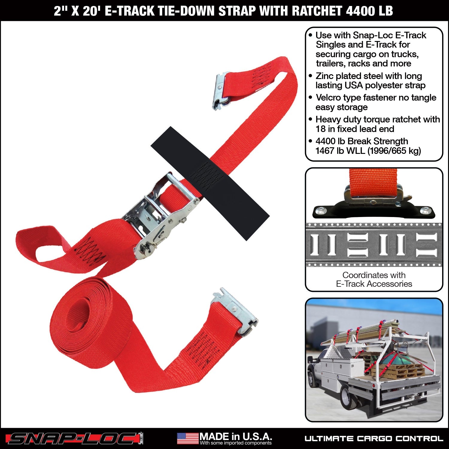 Snap-Loc 2 in x (8-20) ft E-Track Ratchet Strap - Cargo Control - 2 kg